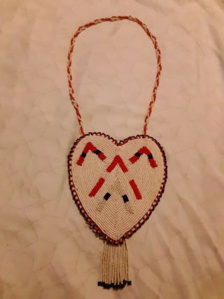 Native American Indian Hand Made Beaded Necklace.  Main Colors Are Red And White