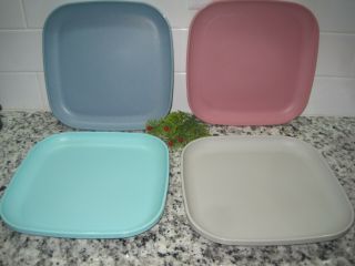 Set Of 4 Tupperware Pastel Square 8 " Plate Plates 1534 Gray Pink Teal Blue