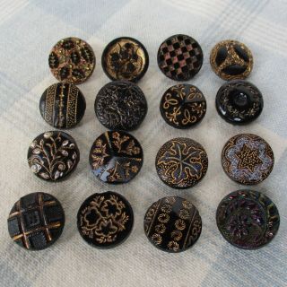 Asmt.  Of 16 Antique Molded Black Glass Buttons W Gold Luster