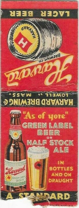 Harvard Beer / Half Stock Ale Matchbook - Lowell,  MA - 1940 ' s 2