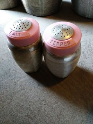 Vintage Kromex Aluminum Canister Set Salt & Pepper Shakers Pink Tops Rare Mcm