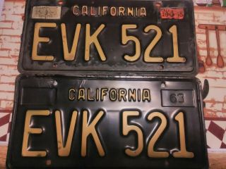 Vintage 1963 California License Plates Pair Black & Yellow