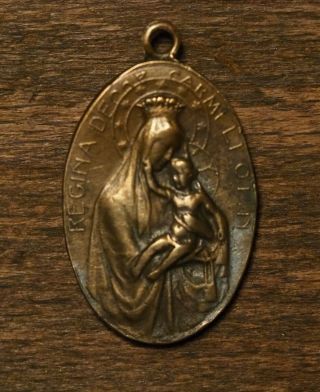 Antique Religious Bronze Medal Pendant Our Holy Lady Of Mount Carmel