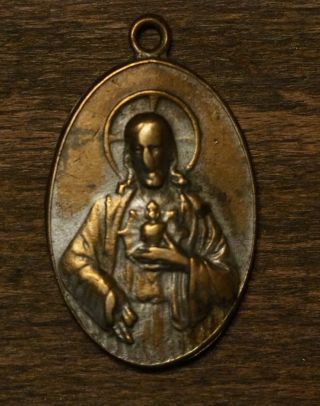 Antique religious bronze medal pendant our holy lady of Mount Carmel 2