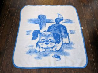 Vintage San Marcos Blue White Baby Blanket Puppy/dog With Silk Tag 46x43