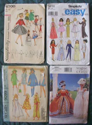 5 Vintage Barbie 11 1/2 Inch Fashion Doll Pattern Advance 1961 Mattel Vogue Etc.