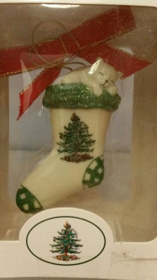Spode Christmas Stocking With Cat Ornament Porcelain