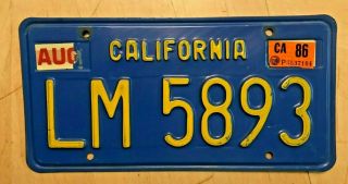 1970s 1980s 1986 California Iconic Blue License Plate " Lm 5893 " Ca 86