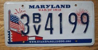 Single Maryland License Plate - 2010 - 3bv4199 - War Of 1812