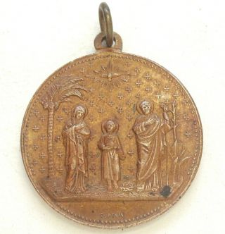 HELP IN LIFE AND DEATH BY THE HOLY FAMILY - ANTIQUE BRONZE ART MEDAL BY E.  PENIN 2