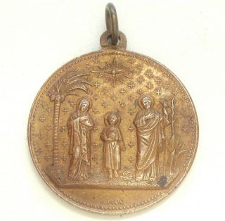 HELP IN LIFE AND DEATH BY THE HOLY FAMILY - ANTIQUE BRONZE ART MEDAL BY E.  PENIN 3