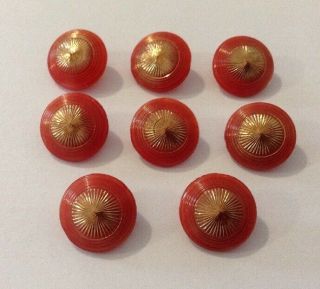 8 Red & Gold Lustre Patterned Detail Old/vintage Glass Buttons.