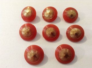 8 Red & Gold lustre Patterned Detail Old/vintage Glass Buttons. 2