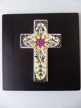 Majolica Cross Crucifix On A Black Wooden Board Ceramic Wall Plaque Sign