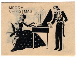 Vintage Christmas Greeting Card Victorian Woman Playing Piano