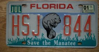 Single Florida License Plate - 2001 - Hsj 844 - Save The Manatee