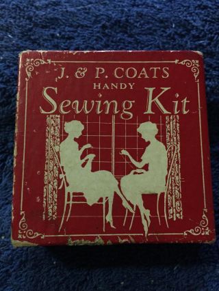 Vintage J.  & P.  Coats Handy Sewing Kit Wooden Spools Thread Minus Thimble