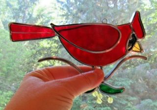 Vintage Leaded Stained Glass Suncatcher Cardinal On Branch Bird Lovely