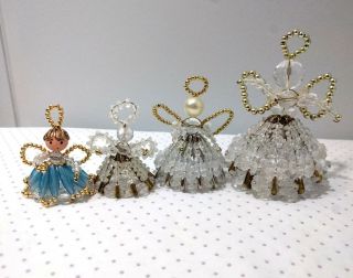 Vintage Handmade Beaded Christmas Angels Decor Ornaments Safety Pins Blue Gold