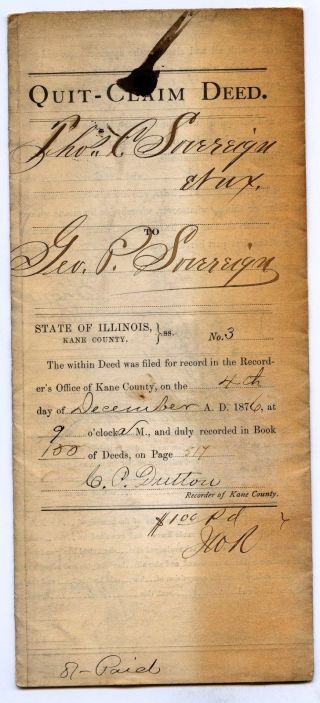 1876 Deed Thomas C Sovereign Howard County Iowa George P Sovereign Kane