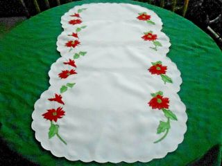 4 Christmas Place Mats With Embroidered Poinsettias And Cardinals,  Circa1960