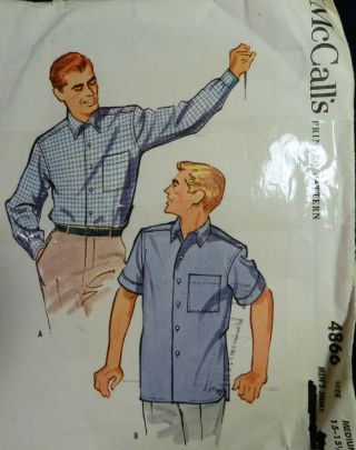 Vtg 1950s Mccall 4866 Mens Button Down Classic Shirt Sewing Pattern 38 - 40 Chest