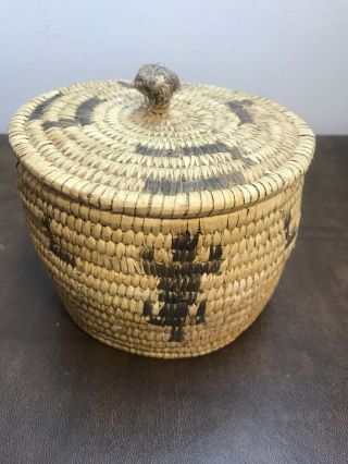 Vintage Tightly Woven Alaskan ? Indian? Basket With Knobbed Lid & Animal Design
