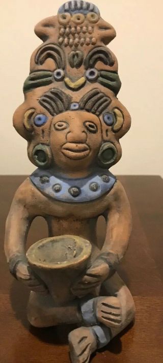 Vintage Mexican Aztec Mayan Clay Pottery Figure Hand Made 8” Tall By 3” Wide