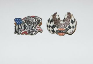 2 Vintage Harley Davidson Pins Eagle On Checkered Flag & Live To Ride V - Twin Pin