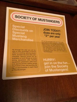 1967 S.  O.  M.  Ford Mustang Society Of Mustangers Club Brochure Ad & Envelope Form 2