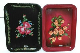 2 Vintage Metal Lap Trays Tin Tv Bed Snack Folding Legs Floral Patterns