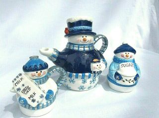 Houston Harvest Snowman Tea Pot Set With Creamer And Sugar And Lids Tea Coffee