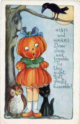 Old Halloween " Ghosts Assemble.  Pumpkin Girl Black Cat Crow Owl Moon Postcard