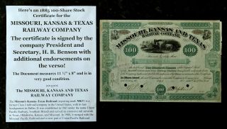 President Missouri Kansas & Texas Railway Company Mkt Stock Document Signed 1885