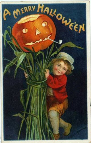 1911 Halloween Boy,  Corn,  Pipe " A Merry.  Ellen Clapsaddle Pumpkin Postcard