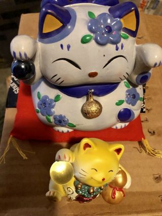 Maneki Neko Lucky Cat Statues (set Of 2) One Is Also Bank