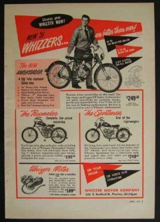 1951 Whizzer Motor Bike Engine Ambassador / Pacemaker / Sportsman Vintage Ad