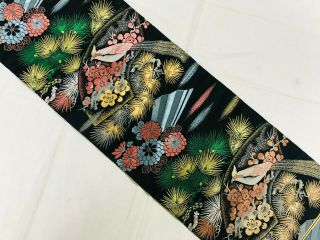 Vintage Japanese Nagoya Obi/ Birds,  Pine Trees,  Chrysanthemums,  Plums 675