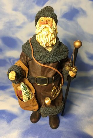 10 " Clothtique Santa Claus Fabric Mache Figurine French Horn Staff 1987 713034