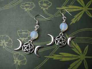 Triple Moon Pentagram Earrings - Pagan,  Wiccan,  Witchcraft,  Pentacle,  Silver