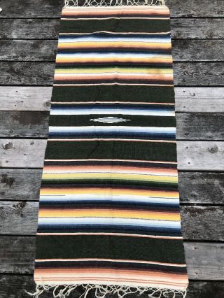 Vtg Mexican Saltillo Serape Striped Fringed Woven Wool Table Runner Rug Blanket