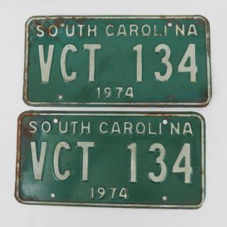 Vintage Pair 2 Matching 1974 South Carolina License Plates Vct 134 Green White