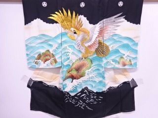 76575 Japanese Kimono / Vintage Kimono For Boys / Embroidery / Wave & Hawk