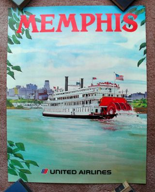 Vintage 1970s United Airline Memphis Travel Poster Railway Train Art