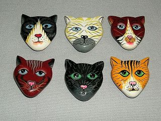 6 Vintage Nony York Wood Kitten Cat Face Button Covers Painted