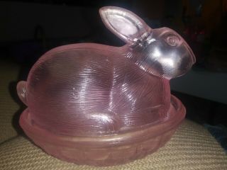 Pink Depression Glass BUNNY Nesting On Basket CANDY DISH With Lid Vintage 2