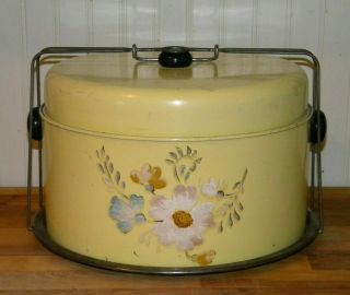 Vintage 1950s Metal Tin Cake And Pie Carrier In Yellow Color W/ Painted Flowers