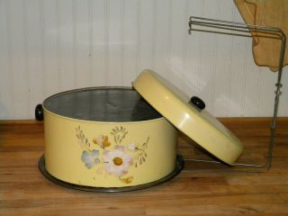 Vintage 1950s Metal Tin Cake and Pie Carrier in Yellow Color W/ Painted Flowers 4