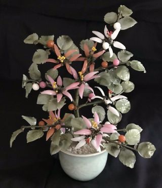 Vintage Asian Glass Jade Bonsai Tree Oriental Blossom Flowers In Celadon Pot 12”