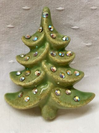 Vtg Glaze Ceramic Mold Christmas Holiday Ab Rhinestone Tree Brooch 2 1/2”